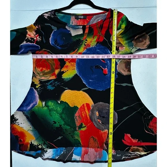 LIOR Paris Artistic Abstract Floral Print Black 3/4 Sleeve‎ Tunic Top Bell Hem M - Picture 5 of 5